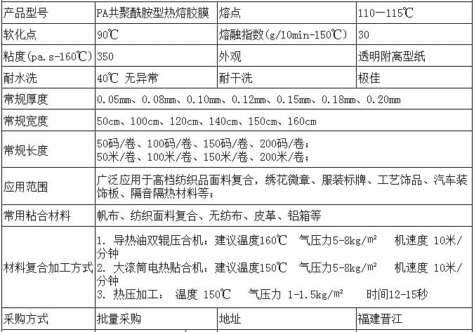 PA熱熔膠膜參數(shù)